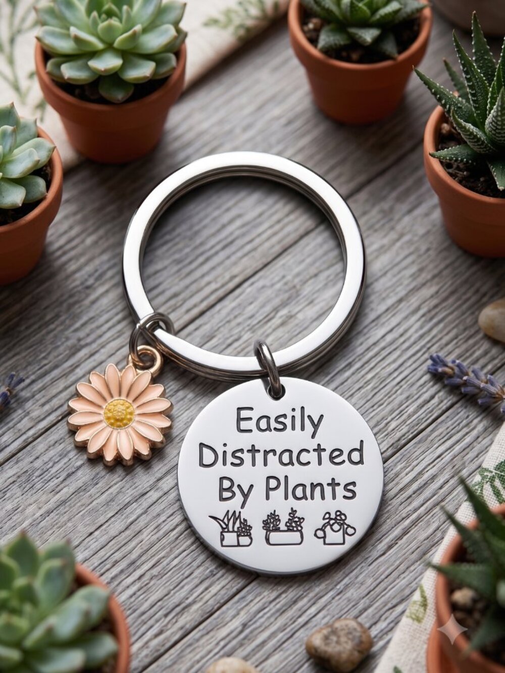 3/$25 NIP Easily Distracted By Plants Engraved Daisy Charm Keychain
